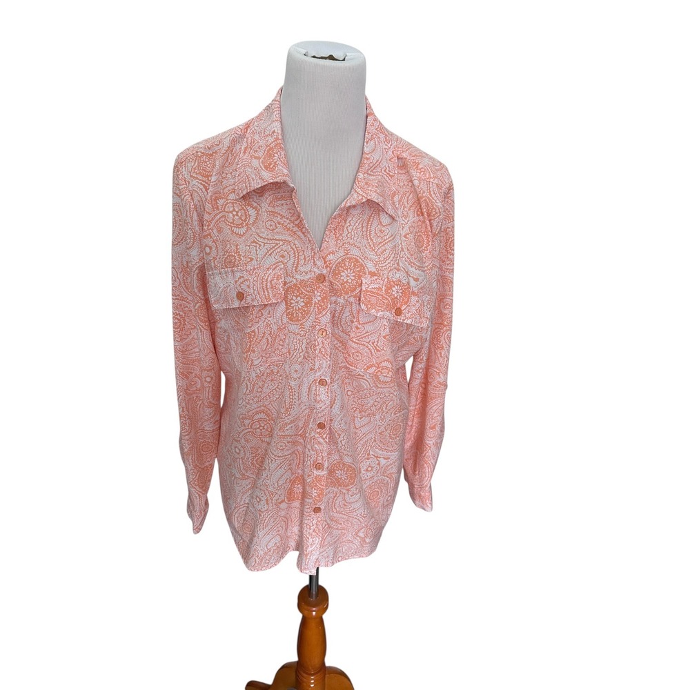 Kim Rogers Women XL Coral Paisley Button‎ Down Shirt Long Sleeve Roll Tab